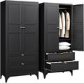 Letaya Metal Armoire Wardrobe Closet with 2 Drawers,18" Deep Clothing Storage Cabinet with Doors and Shelves,Coat Closet with Hanging Rod,Bedroom,Home,Cloak Room-Black