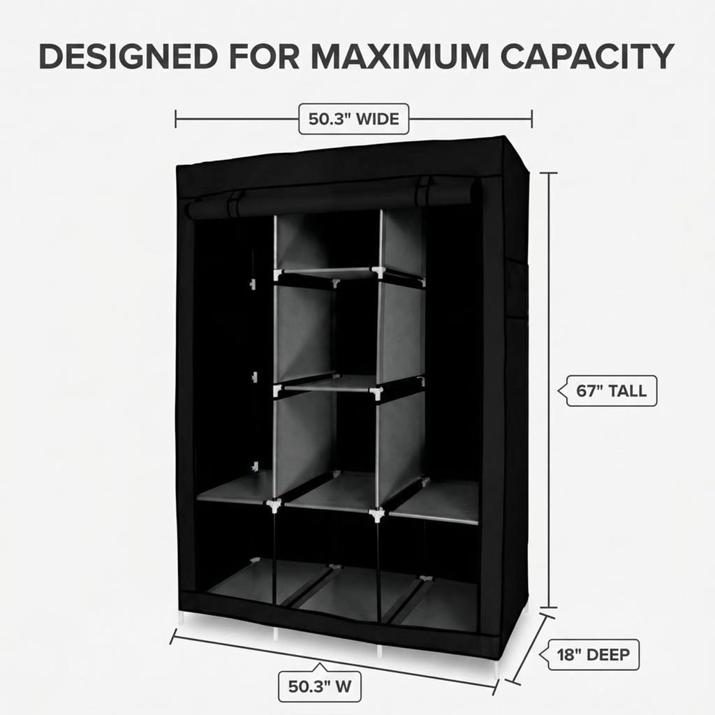 American Dream Heavy Duty Storage Closet, Black, 50.3" W x 18" D x 67" H | Freestanding, Wardrobe Organizer Cabinet, With Shelving
