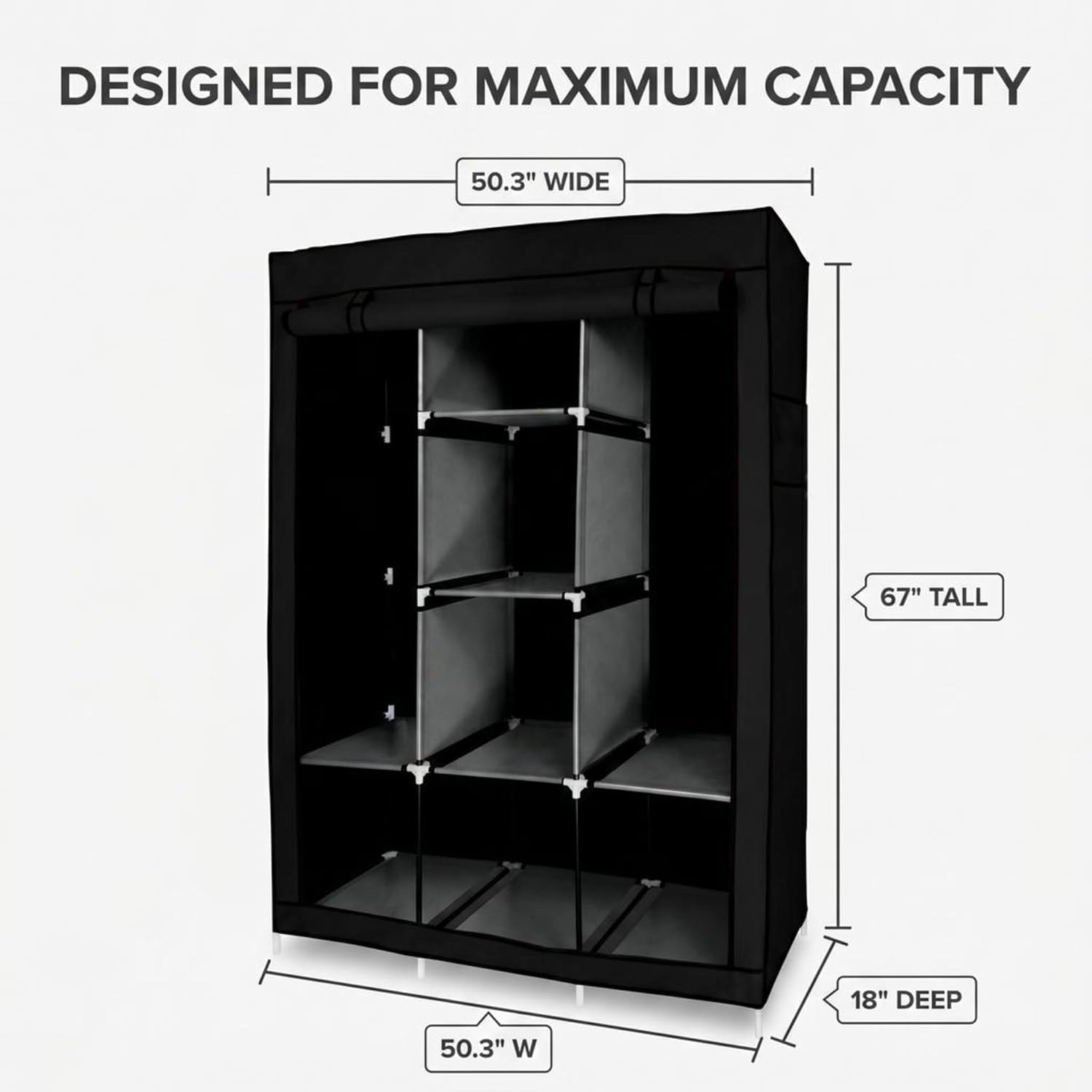 American Dream Heavy Duty Storage Closet, Black, 50.3" W x 18" D x 67" H | Freestanding, Wardrobe Organizer Cabinet, With Shelving