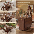 Folding Dining Table - 59" Ready Assembled Space-Saving Drop Leaf Table with Storage & 4 Lockable Wheels for Dining Room, Kitchen (Walnut)