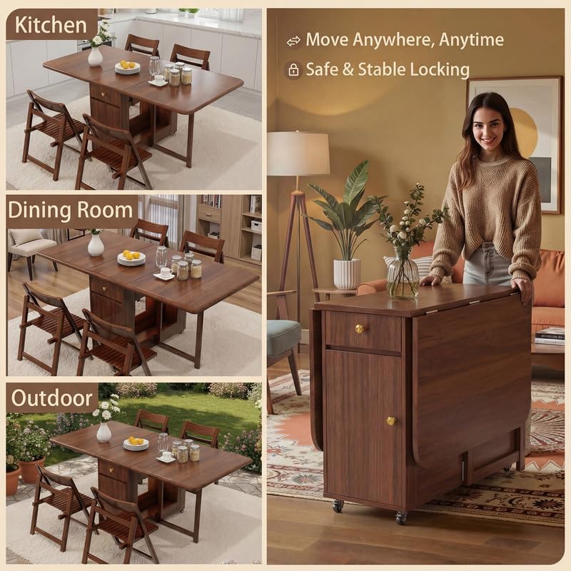 Folding Drop Leaf Dining Room Table 4-6 Seater with Storage and Lockable Wheels, 51" Fully Assembled Solid Wood Space-Saving Foldable Kitchen Table (Walnut)