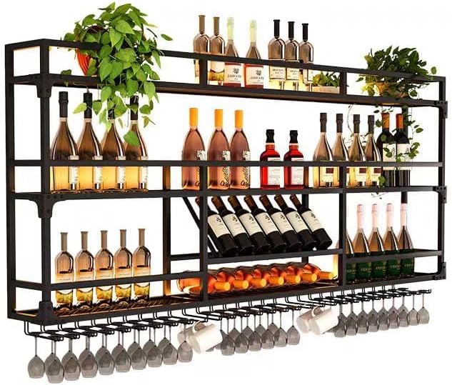 31Inch Metal Wall-Mounted Wine Rack with LED Light - 3 Tier Wine Storage Display Rack with Glass Holder - Space-Saving Bottle Display Shelf for Home Bars, Dining Rooms, Black