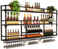 31Inch Metal Wall-Mounted Wine Rack with LED Light - 3 Tier Wine Storage Display Rack with Glass Holder - Space-Saving Bottle Display Shelf for Home Bars, Dining Rooms, Black