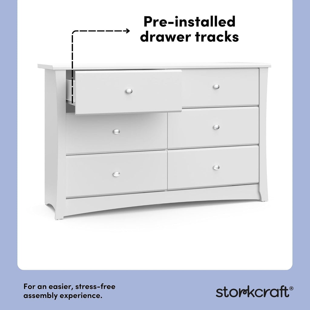 Storkcraft Crescent 6-Drawer Dresser, White | GREENGUARD Gold Certified, White Dresser for Bedroom, Kids & Nursery Storage Chest, Safety Interlocking Drawers, Kids Bedroom