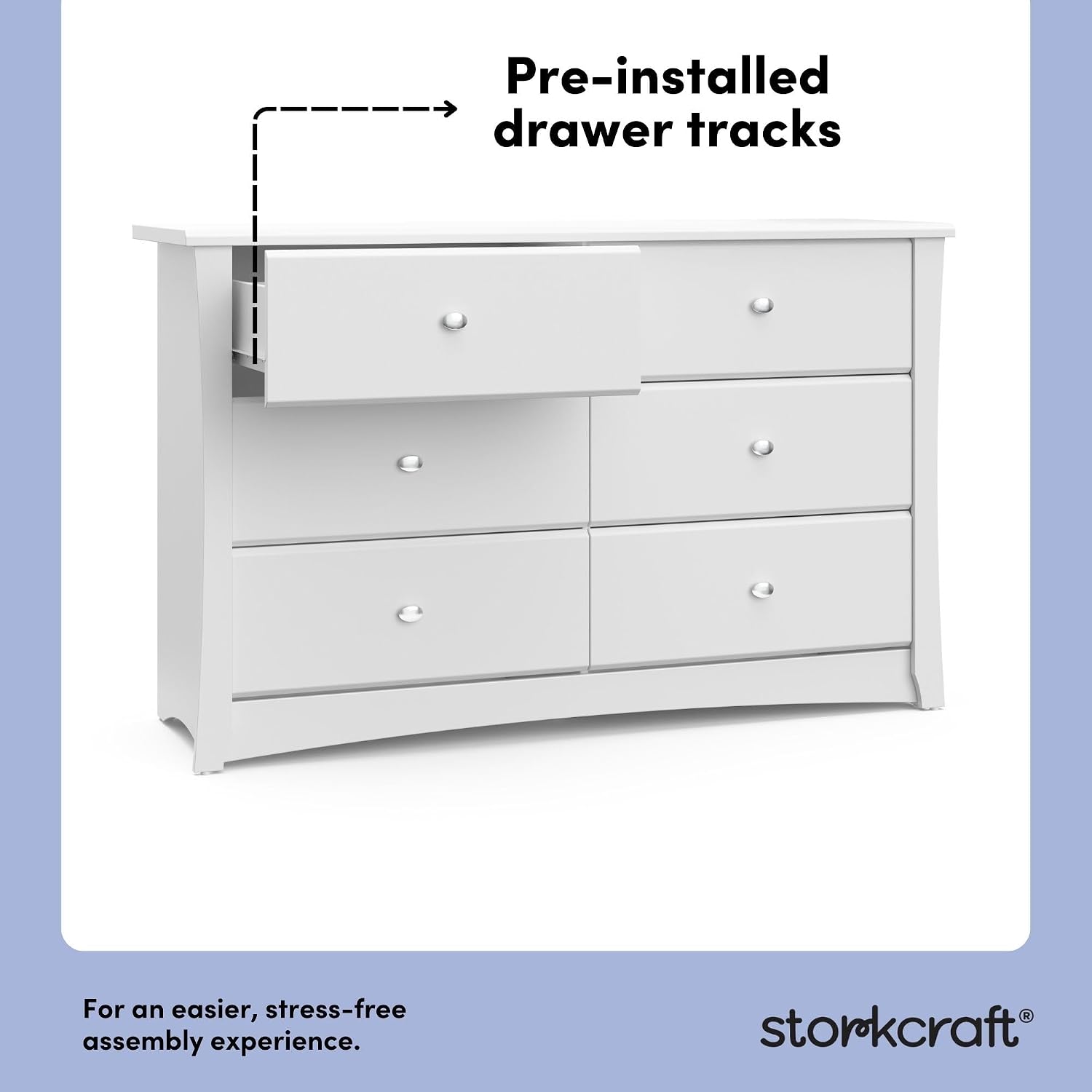 Storkcraft Crescent 6-Drawer Dresser, White | GREENGUARD Gold Certified, White Dresser for Bedroom, Kids & Nursery Storage Chest, Safety Interlocking Drawers, Kids Bedroom