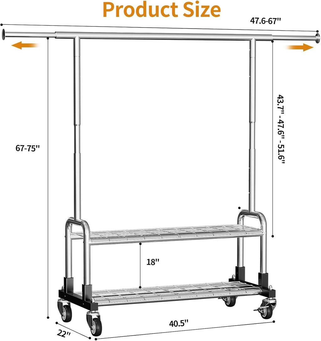 Luxspire Heavy Duty Clothes Rack, Clothing Rack Load 600 LBS, Rolling Clothes Racks for Hanging Clothes with Sturdy Wheels & 2 Tier Shelves, Adjustable Garment Rack for Bedroom, Laundry Room, Silver