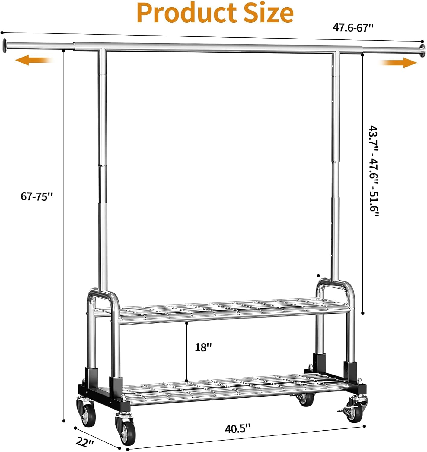 Luxspire Heavy Duty Clothes Rack, Clothing Rack Load 600 LBS, Rolling Clothes Racks for Hanging Clothes with Sturdy Wheels & 2 Tier Shelves, Adjustable Garment Rack for Bedroom, Laundry Room, Silver