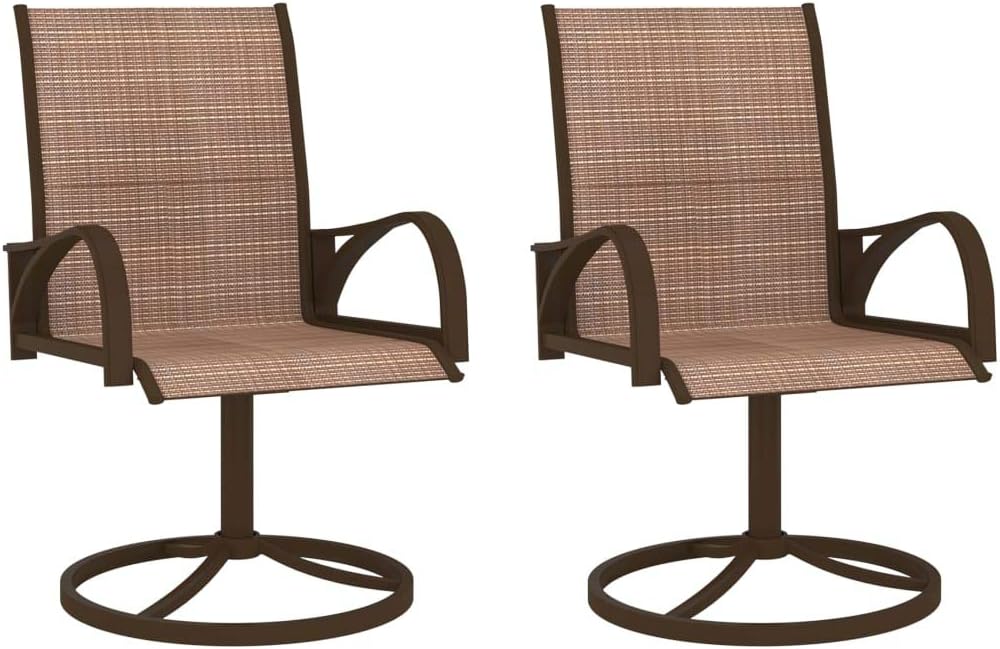 Set of 2 Brown Patio Swivel Chairs with Textilene Sling, Powder-Coated Steel Frame, 360-Degree Swivel Base, Ergonomic Back Support and Curved Arms for Outdoor Garden Lounge