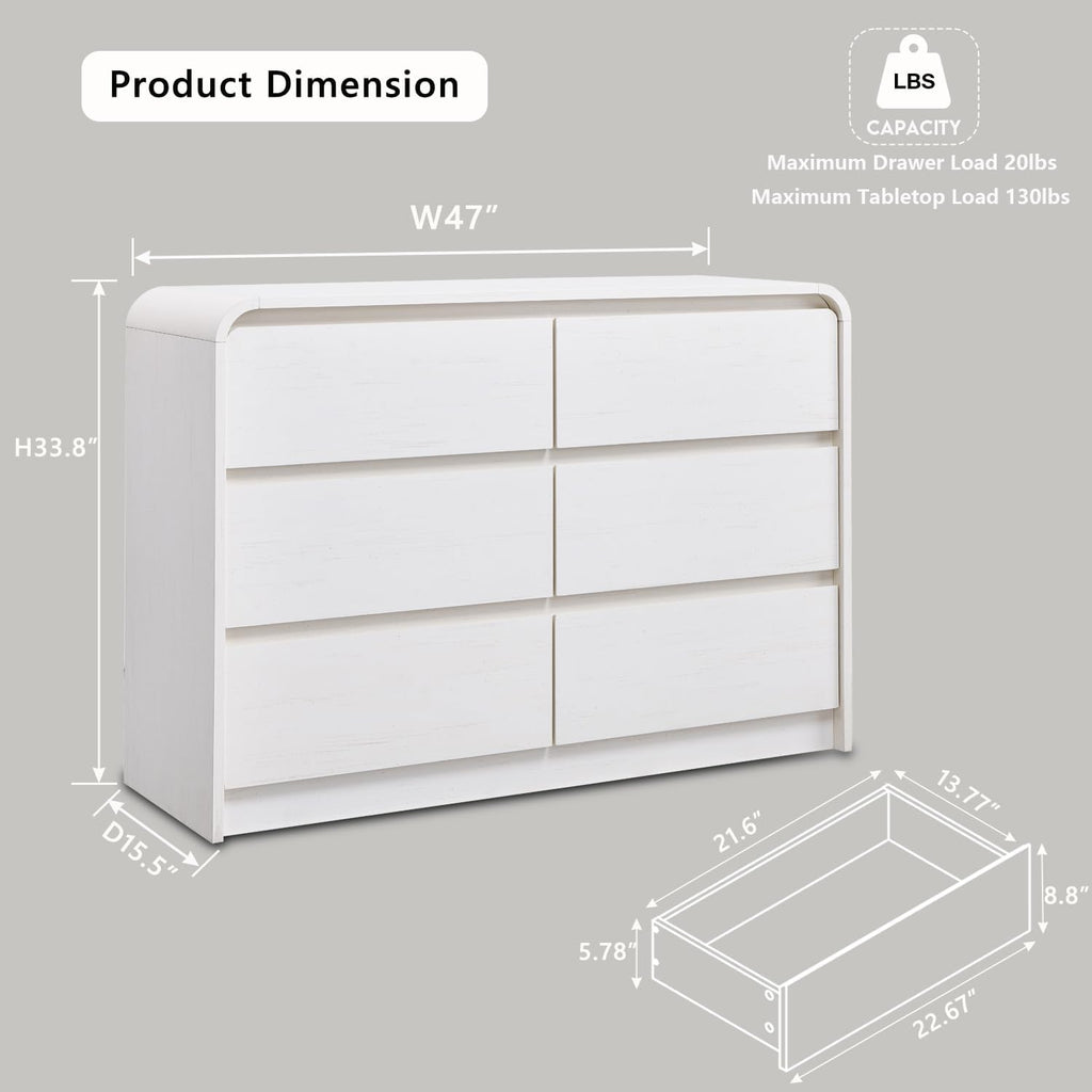 Aitjunz Modern Sideboard Buffet Cabinet with 6 Storage Drawers, 47" Wide Large Kitchen Buffet Cabinet w/Curved Profile Design, 33.8'' Tall Wood Coffee Bar Table for Dining Room, Antique White