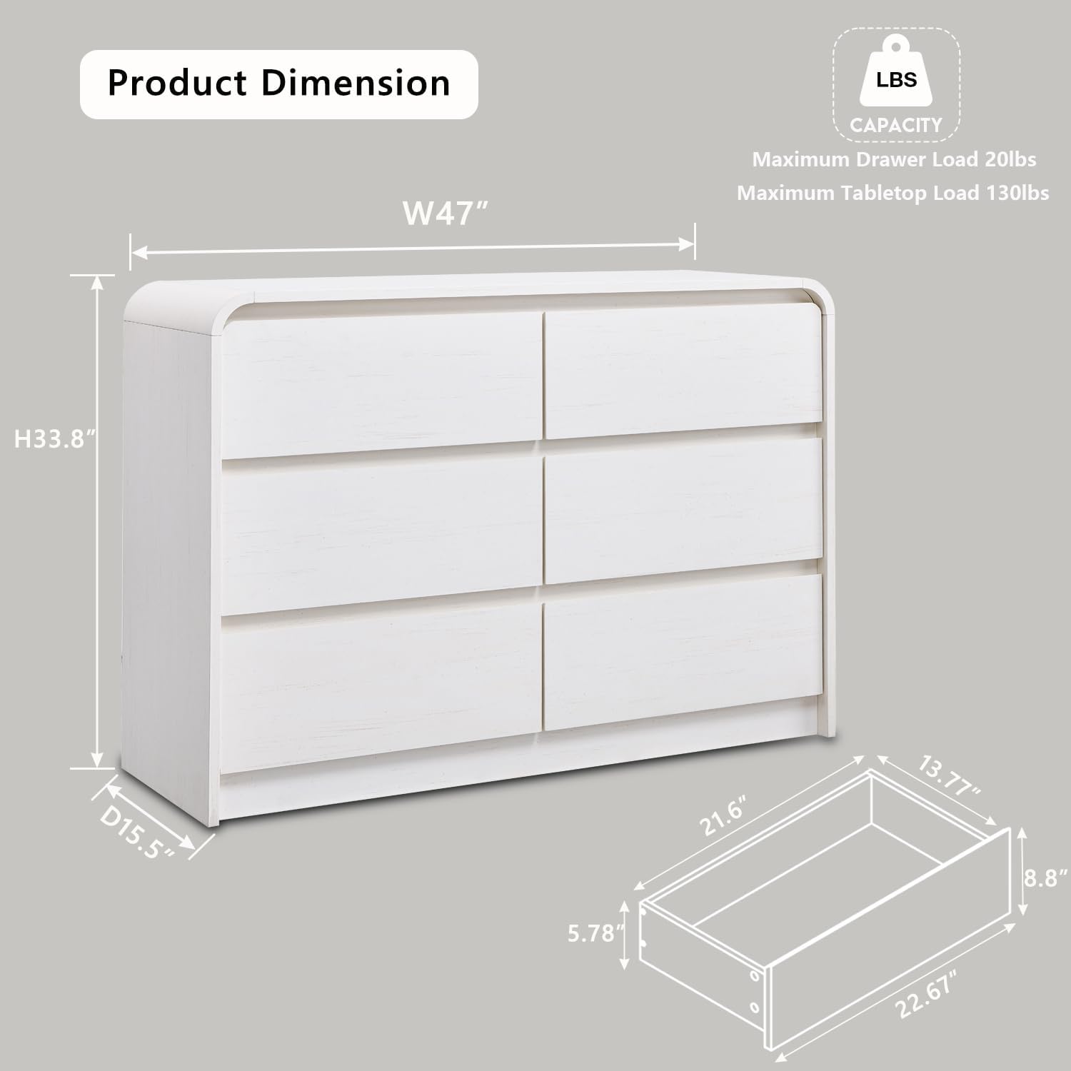 Aitjunz Modern Sideboard Buffet Cabinet with 6 Storage Drawers, 47" Wide Large Kitchen Buffet Cabinet w/Curved Profile Design, 33.8'' Tall Wood Coffee Bar Table for Dining Room, Antique White