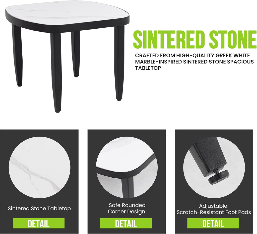 Modern Faux Marble Side Table for Outdoor/Indoor- 23.6" Patio Aluminum End Table with White Marble-Inspired Sintered Stone Top, Rounded Corners, Weatherproof & Rust-Free