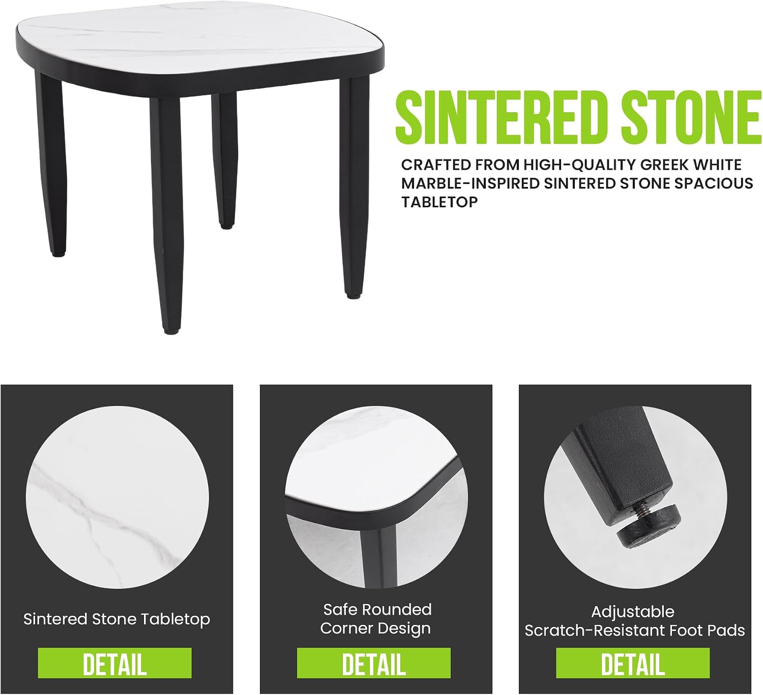 Modern Faux Marble Side Table for Outdoor/Indoor- 23.6" Patio Aluminum End Table with White Marble-Inspired Sintered Stone Top, Rounded Corners, Weatherproof & Rust-Free