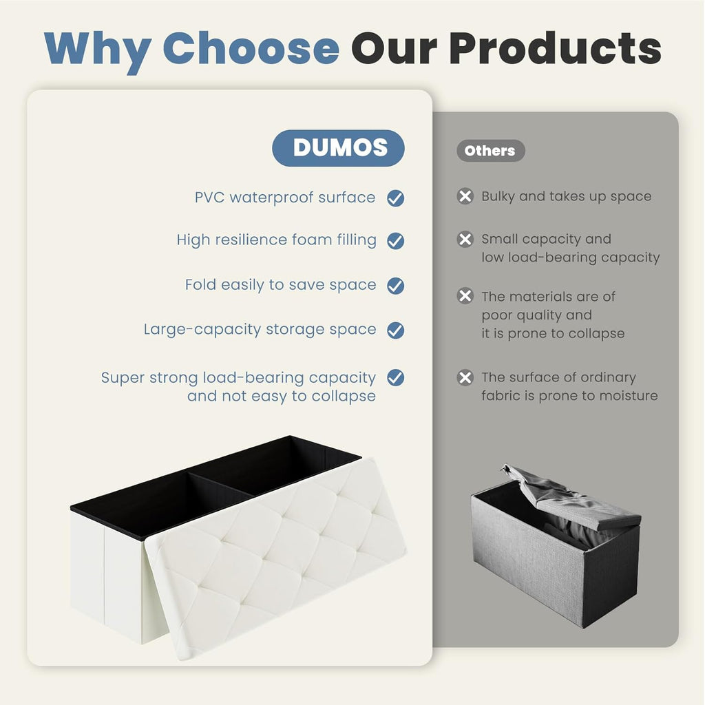 DUMOS 43 Inches Folding Ottoman with Storage Bench, Foot Rest Stool, End of Bed Storage Bench Upholstered, Load 660 lbs, for Living Room, Synthetic Leather, Beige