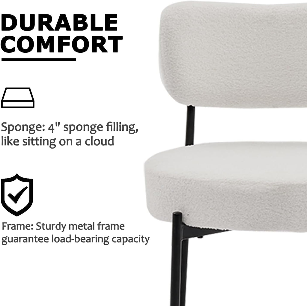 Boucle Dining Chair Set of 2, Mid Century Modern Upholstered Kitchen Chairs with Curved Backrest & Black Metal Legs, Round Dining Room Chairs, White