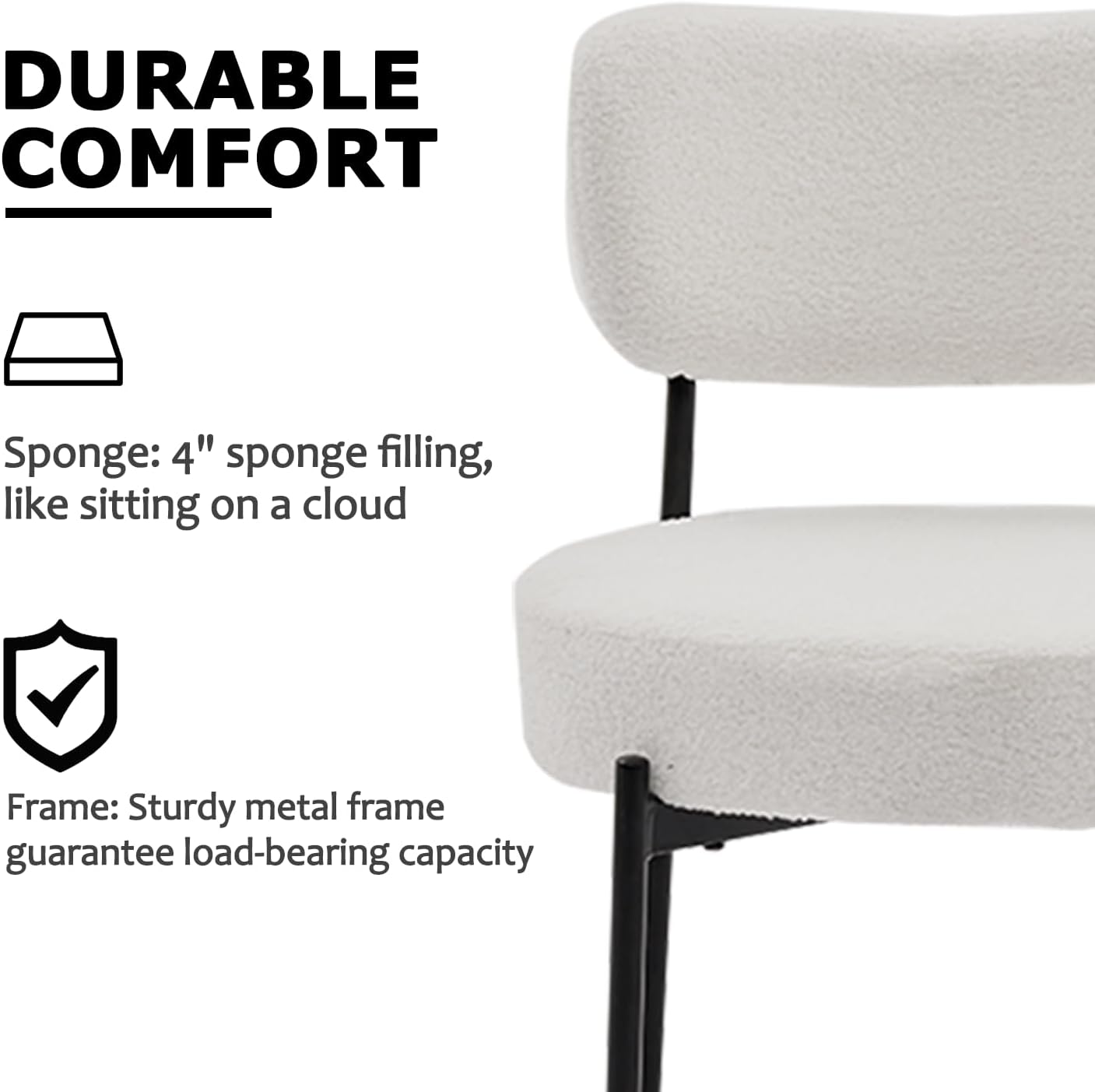 Boucle Dining Chair Set of 2, Mid Century Modern Upholstered Kitchen Chairs with Curved Backrest & Black Metal Legs, Round Dining Room Chairs, White