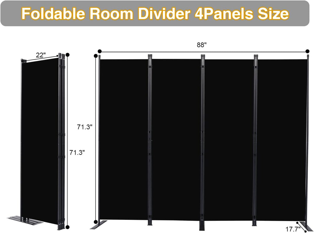 CHOSENM Room Divider, 4 Panel Folding Privacy Screens with Wider Feet, 6 Ft Portable Room Partition for Room Separator, Room Divider Panel 88" W X 71" H, Partition Room Dividers Freestanding，Black