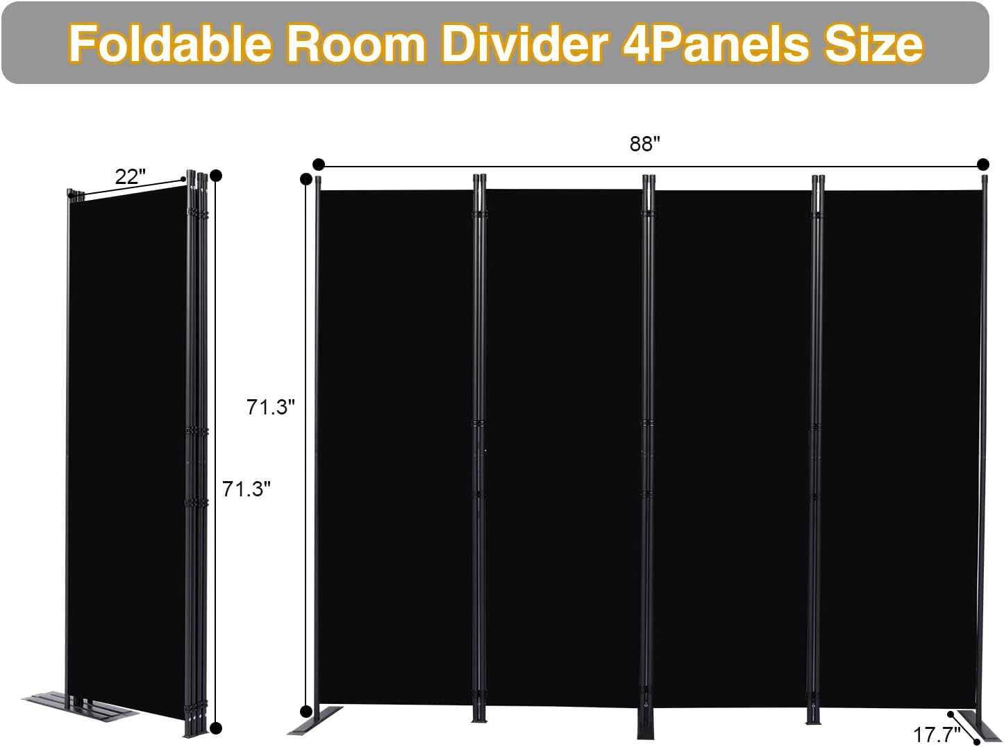 CHOSENM Room Divider, 4 Panel Folding Privacy Screens with Wider Feet, 6 Ft Portable Room Partition for Room Separator, Room Divider Panel 88" W X 71" H, Partition Room Dividers Freestanding，Black