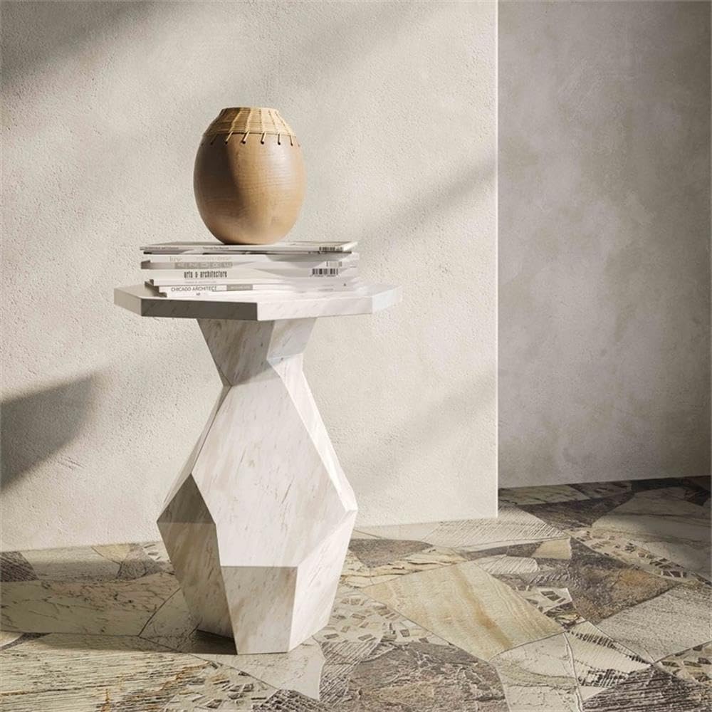 Pemberly Row Contemporary Round Side Table, White Faux Marble Top, 19.8" W x 21.5" D x 30" H, Solid Oak Wood Reversed Tapered Legs, Bold Indoor or Outdoor Accent Table