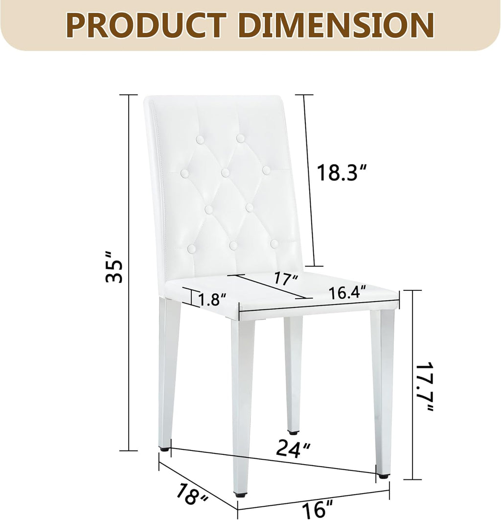 White Dining Chairs Set of 4,Faux Leather with Silver Metal Legs,Tufted Buttom Decor on Back,Armless Kitchen Room Chairs Set of 4,High Back Modern Design for Home Kitchen Living Room Bedroom