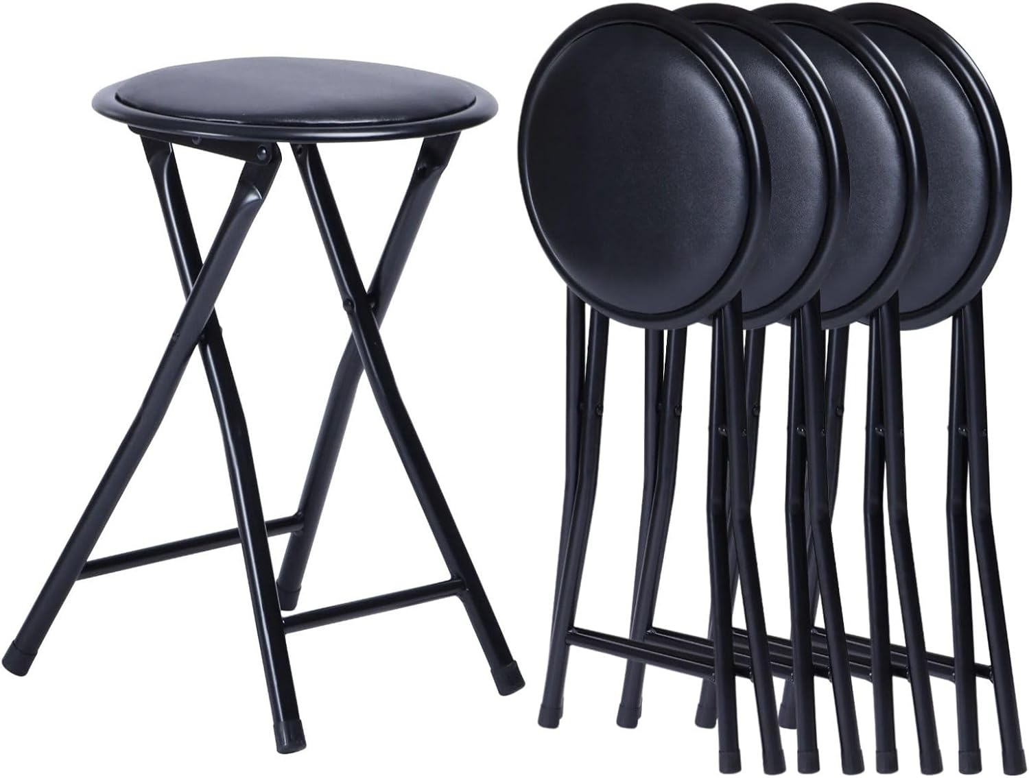 Homy Casa 18-Inch Backless Folding Stools with Soft Seat, Portable Waterproof Faux Leather Stools Foldable Chairs with Sturdy Frame for Indoor and Outdoor Use (Black, Set of 4)