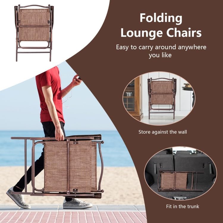 2-Pack Modern Folding Sling Back Deck Chairs in Brown Fabric with Steel Frame & Plastic Feet, 20x24x38in, for Patio Garden Backyard Camping