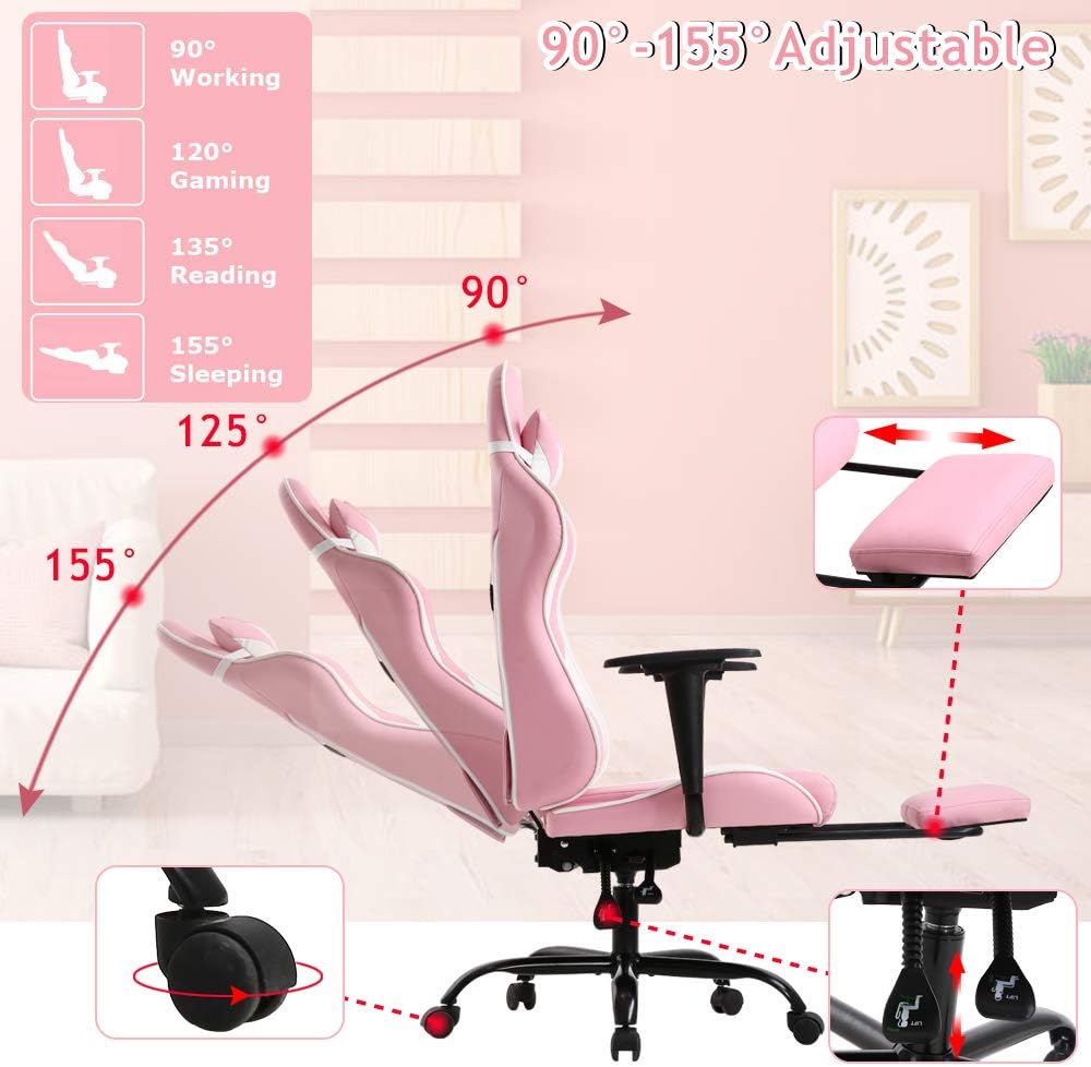 Pink Gaming Chair Office Chair Desk Chair for Girls, High Back Ergonomic PC Racing Chair w/Lumbar Support & Retractable Footrest PU Leather Recliner Swivel Cute Computer Game Chair for Women