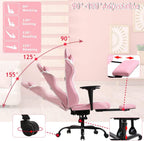 Pink Gaming Chair Office Chair Desk Chair for Girls, High Back Ergonomic PC Racing Chair w/Lumbar Support & Retractable Footrest PU Leather Recliner Swivel Cute Computer Game Chair for Women