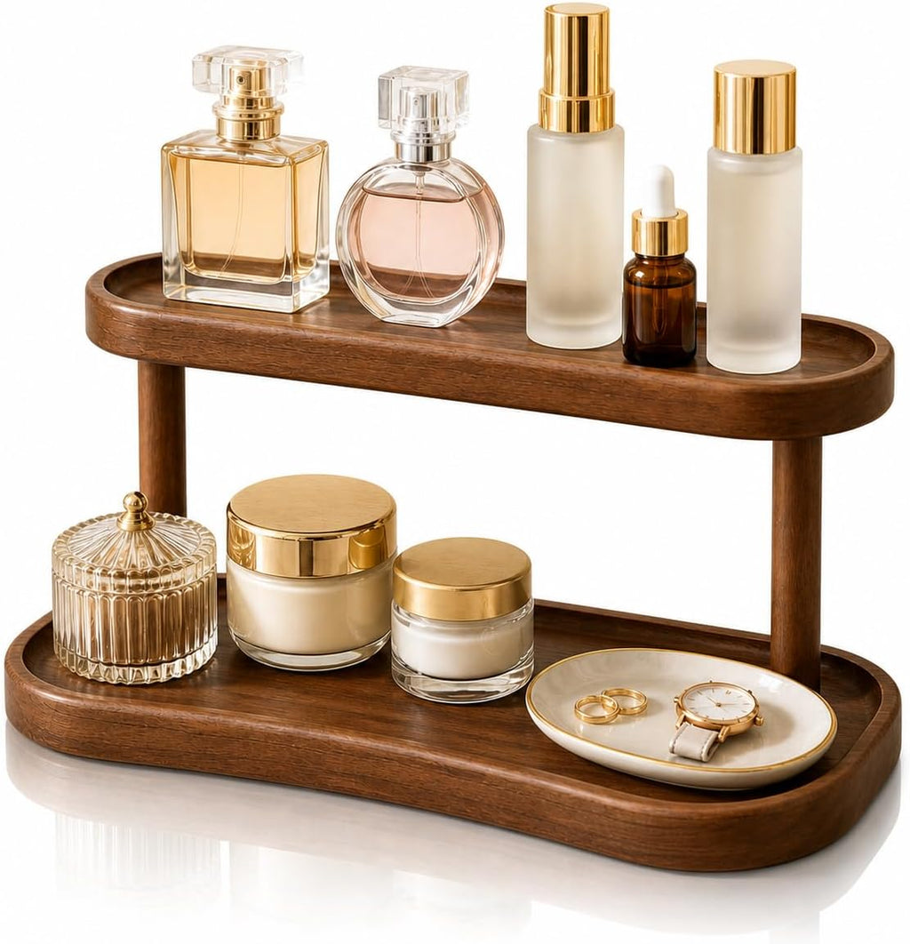 Adkoat® Two Tier Bathroom Desktop Countertop Organizer - Pine Wooden Perfume Vanity Stand Counter Shelf for Cologne Skincare Makeup Dresser Organizer - Matcha Station | Mug Display - 12.6 x 6.3 x 7.5