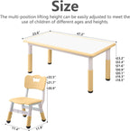 monleelnom Children's Table and Chair Set Suitable for Boys and Girls Age 2-12 Height Adjustable Table top Can be Painted with 6 Seats Suitable for Family Learning Daily use (Wood Color)