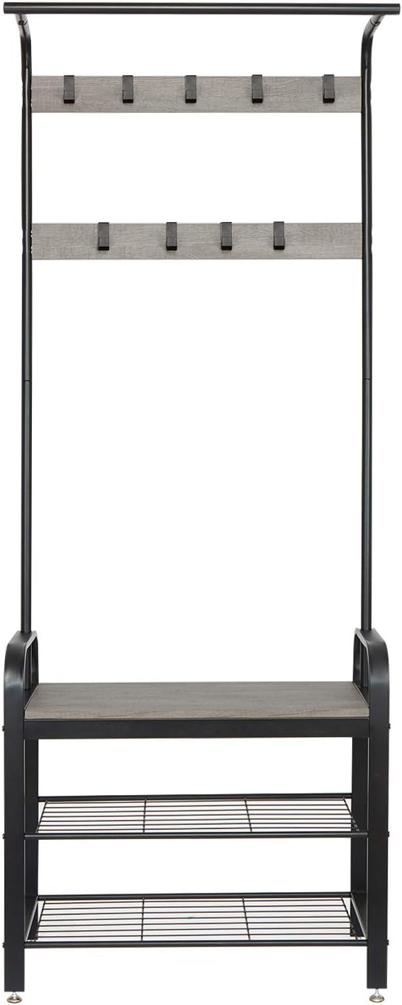 Meerveil Coat Stand, 183 cm Coat Rack with with Shoe Storage Bench, 9 Hooks | Coat and Shoe Rack Metal Clothes Rail Industrial Style for Hallway Entryway Small Space, 72 x 34 x 183 cm, Grey