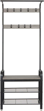 Meerveil Coat Stand, 183 cm Coat Rack with with Shoe Storage Bench, 9 Hooks | Coat and Shoe Rack Metal Clothes Rail Industrial Style for Hallway Entryway Small Space, 72 x 34 x 183 cm, Grey
