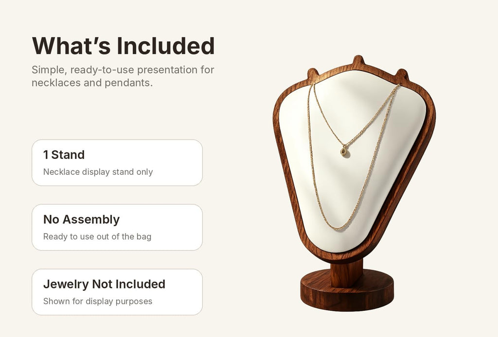 Necklace Display Stand, Walnut Wood Jewelry Holder with Soft Padded Leather Panel, Tabletop Necklace Organizer for Dresser, Vanity, Boutique Display (White)