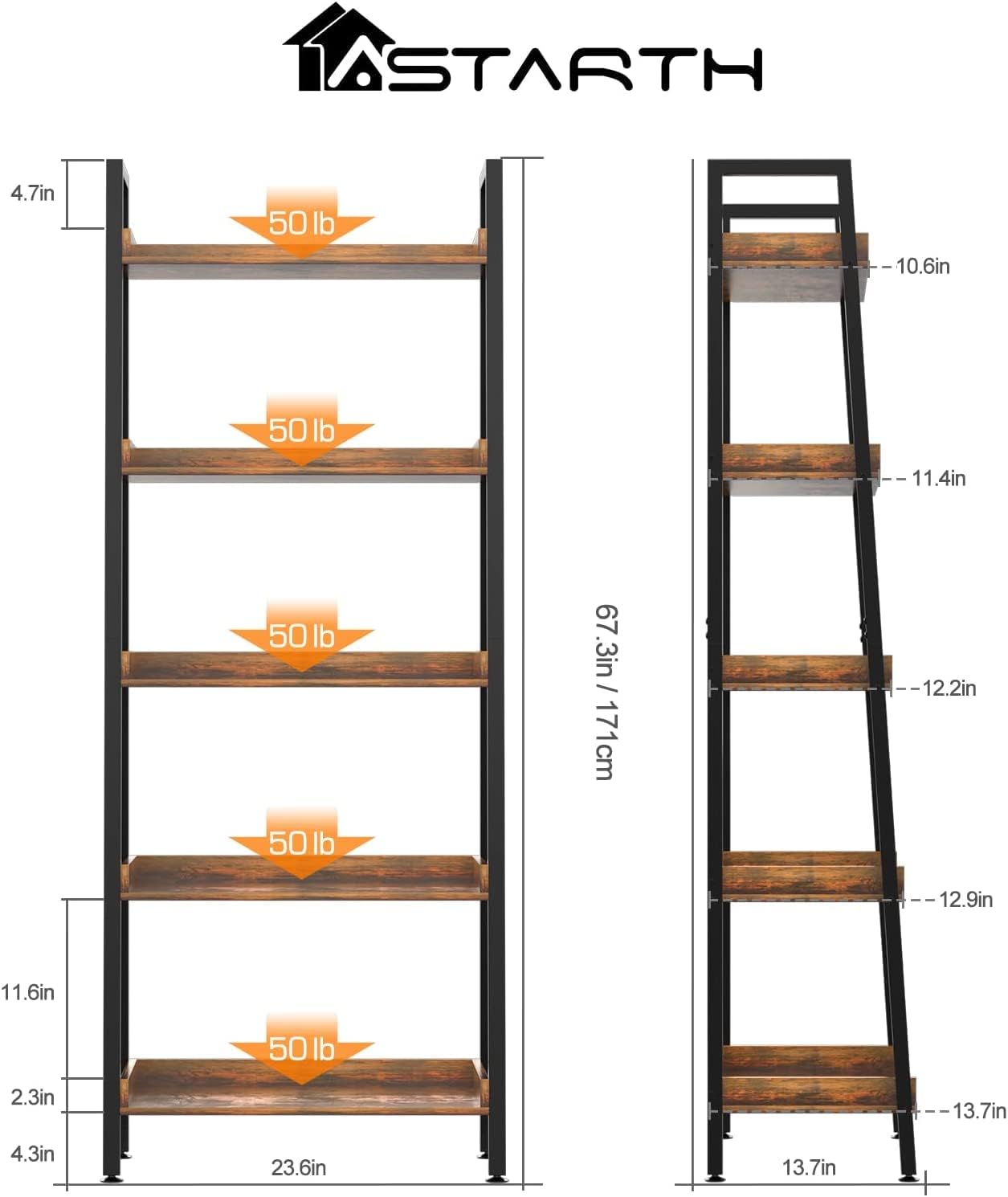 ASTARTH 5-Tier Ladder Shelf, 67" Tall Open Wooden Bookshelf with Metal Frame for Living Room, Rustic Brown