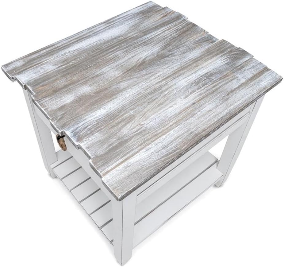 Pemberly Row Contemporary Wood End Table with Drawer, White/Gray Finish, 24" H x 22" W x 24" D, Solid Mindi and White Cedar Wood, Coastal Style, Textured Design, Ball Bearing Glides, Living Room Side