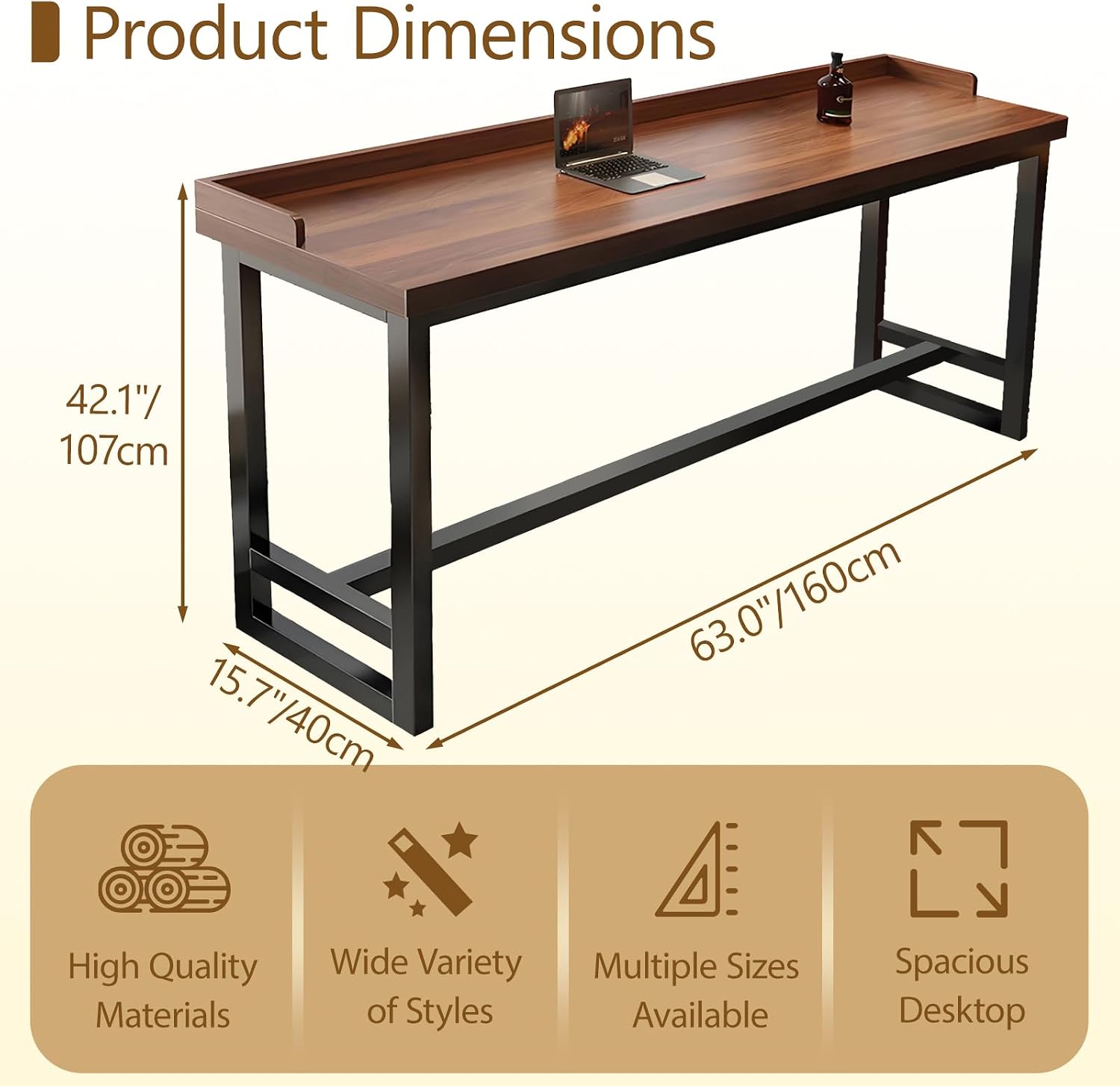 LINLIUA Narrow Bar Table, Tall Pub Table Bar Height Kitchen Dining Table, Industrial Counter Height Breakfast Bar, Couch Bar Table with Lip Single Double Layer, Black or White Frame for Home Kitchen