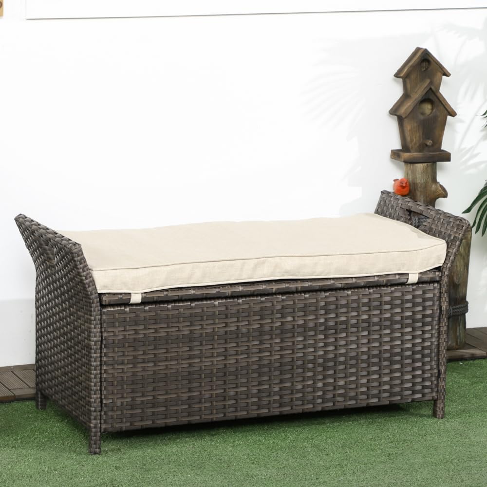 27 Gallon Patio Wicker Storage Bench with Cushion, 2-in-1 Garden Storage Box Deck Box with Handles