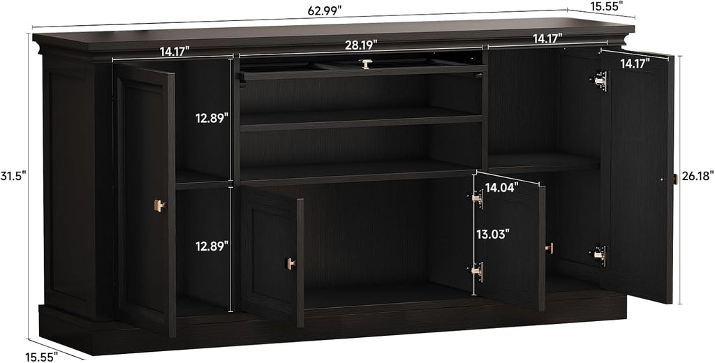 ONBRILL 63" Large Buffet Cabinet with Storage, Farmhouse Sideboard Cabinet with Grooved Barn Doors, Wood Rustic Kitchen Buffet Table Coffee Bar Storage Cabinet for Kitchen, Living Room (Black)
