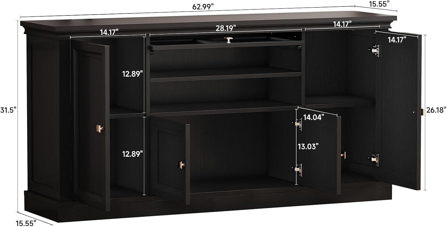ONBRILL 63" Large Buffet Cabinet with Storage, Farmhouse Sideboard Cabinet with Grooved Barn Doors, Wood Rustic Kitchen Buffet Table Coffee Bar Storage Cabinet for Kitchen, Living Room (Black)
