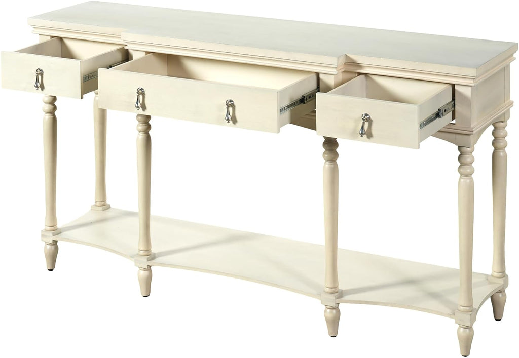 Christopher Knight Home Cally Wood Console Table with Drawers & Bottom Shelf, Narrow Entryway Table with Turned Roman Legs, Traditional Rectangular Wall Table for Living Room Study Hallway, White