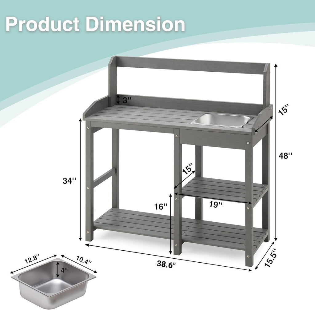 Psilvam Outdoor Potting Bench with Sink, Rot-Resistant HDPS Potting Table for Outside Garden, All-Weather Use (Gray)