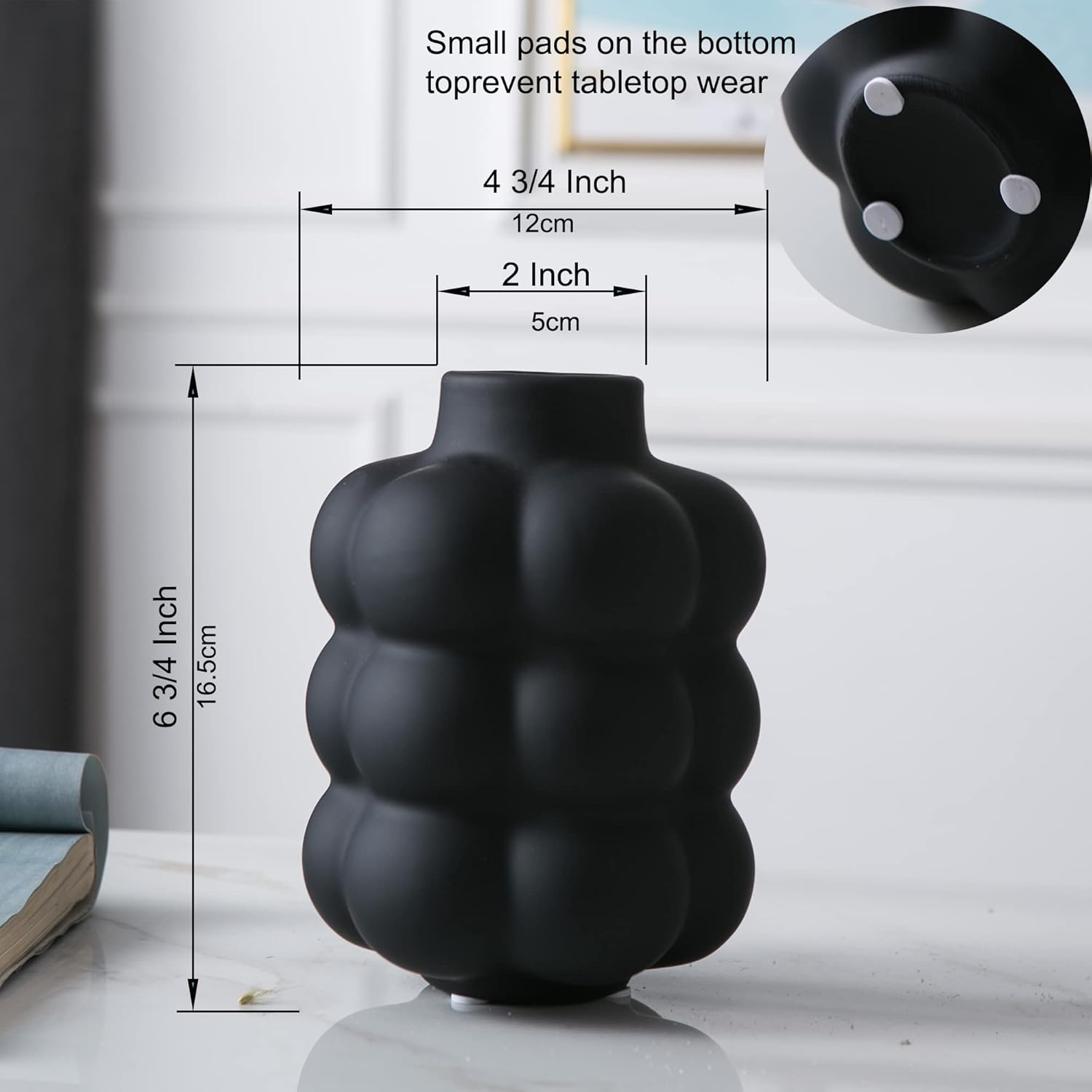 Mowtanco Black Ceramic Vase - Small Spherical Flower Vase for Centerpiece, Three Floors Design for Modern Home Decor, Boho Decorative Vase - 6.7" Tall