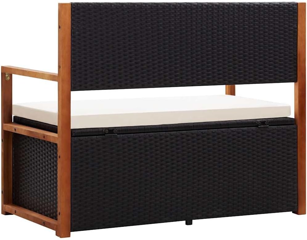45.3" Storage Bench for Patio Garden, Poly Rattan Outdoor Bench with Large Storage Box and Solid Acacia Wood Accents, 2-Seat Deck Furniture with Comfortable Cushion, Black