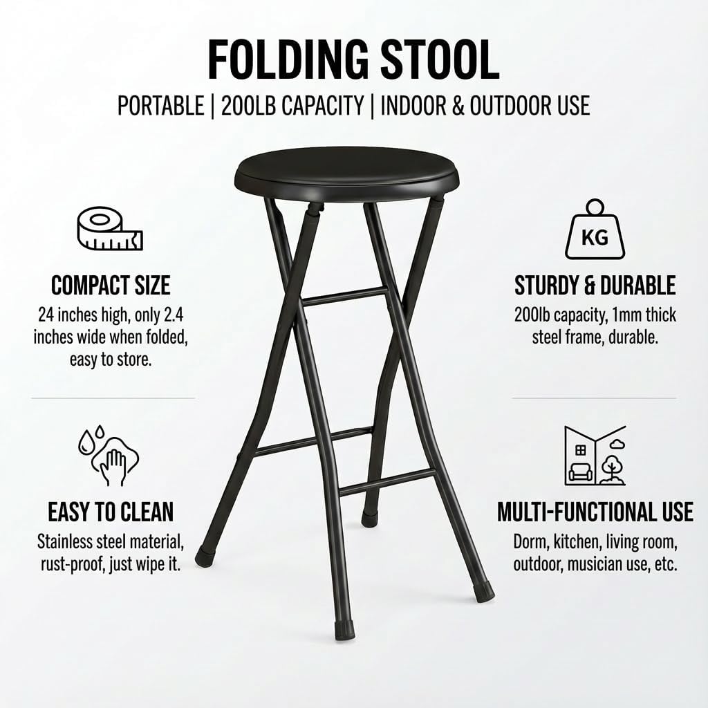 Folding Stool,24-Inch Collapsible Stool,Portable Stool with 200lb Capacity,Suitable for Indoor or Outdoor Use,Black