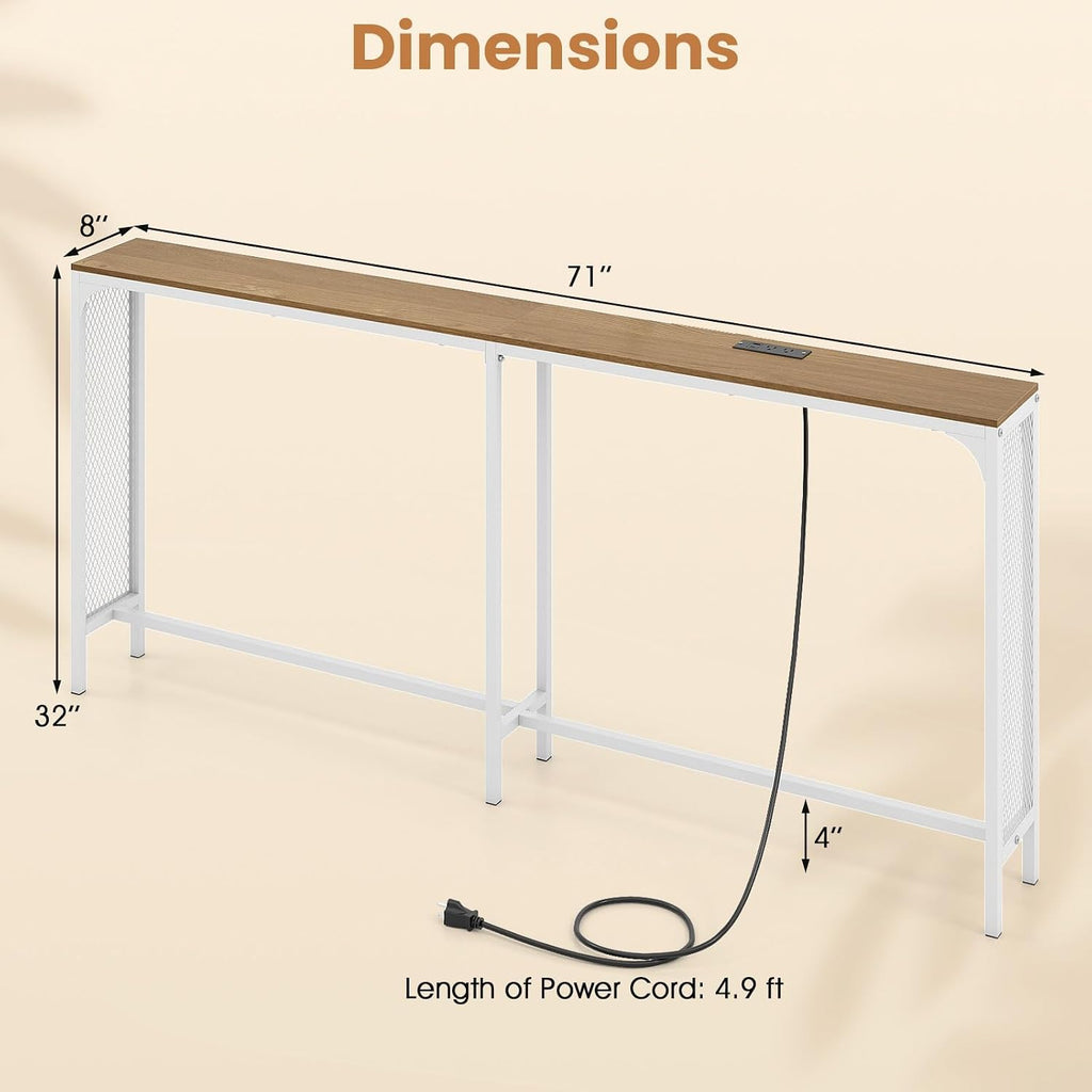 Giantex 71" Narrow Console Table with 2 Power Outlets and USB-C Ports, Sofa Tables with Charging Station & Metal Frame, Skinny Behind Couch Tables, Long Entryway Tables for Living Room, Natural+White