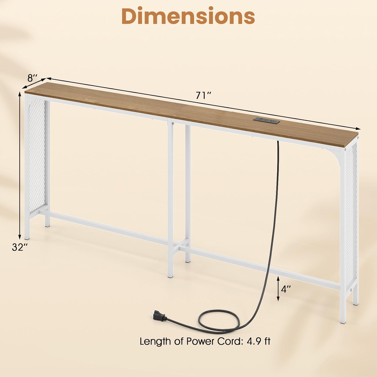 Giantex 71" Narrow Console Table with 2 Power Outlets and USB-C Ports, Sofa Tables with Charging Station & Metal Frame, Skinny Behind Couch Tables, Long Entryway Tables for Living Room, Natural+White