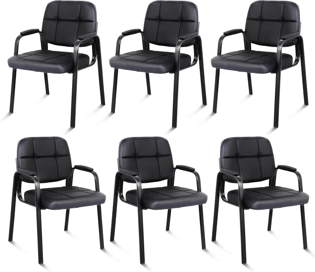 CLATINA Leather Guest Chairs Set of 6, Desk Chair No Wheels, Office Reception with Padded Arms for Office Conference Waiting Room, Black