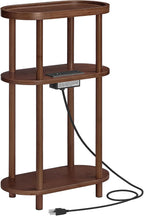 HOOBRO Small Narrow Side Table with Charging Station, 3-Tier Bamboo Narrow End Table, Slim Side Table for Small Spaces, Skinny Oval Nightstand for Living Room, Bedroom, Apartment, Mocha MA178UBZ01