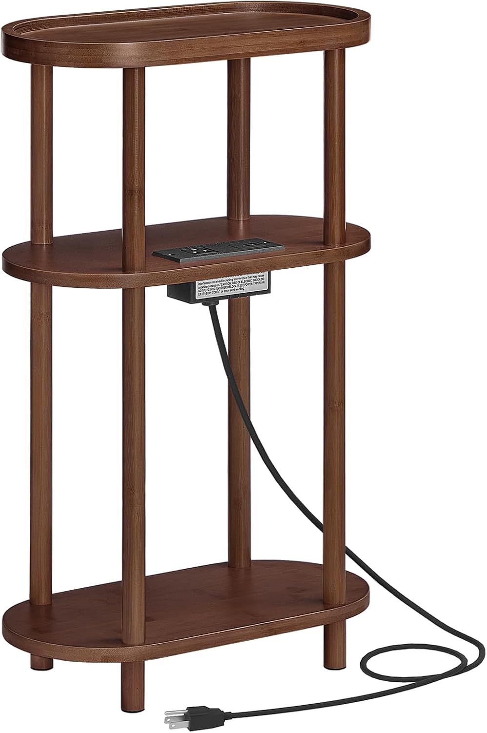 HOOBRO Small Narrow Side Table with Charging Station, 3-Tier Bamboo Narrow End Table, Slim Side Table for Small Spaces, Skinny Oval Nightstand for Living Room, Bedroom, Apartment, Mocha MA178UBZ01