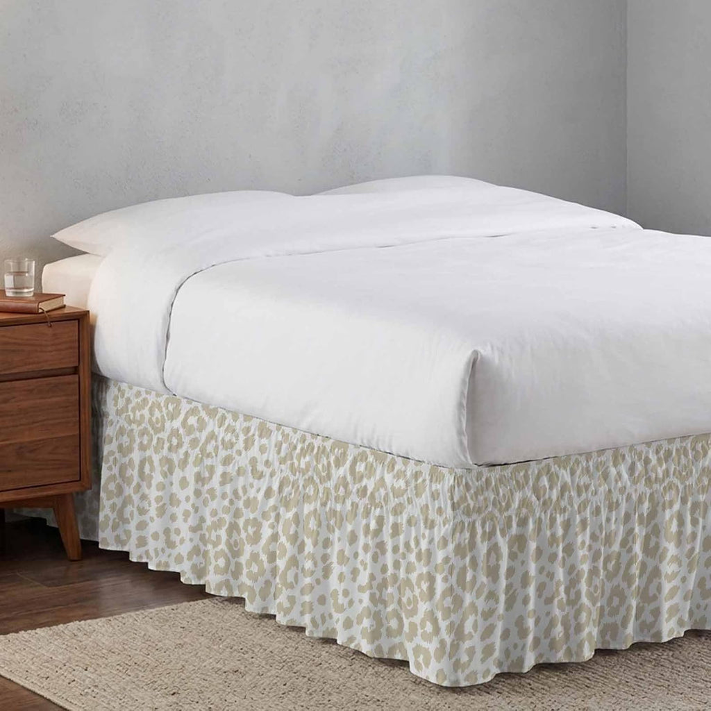 Bed Skirt Cream Leopard Print Bedskirt 18 Inch Drop Animal Fur Skin Adjustable Elastic Wrap Around Bed Skirts Dust Ruffle for Queen Size Bed Frame Cover Bedroom Decor