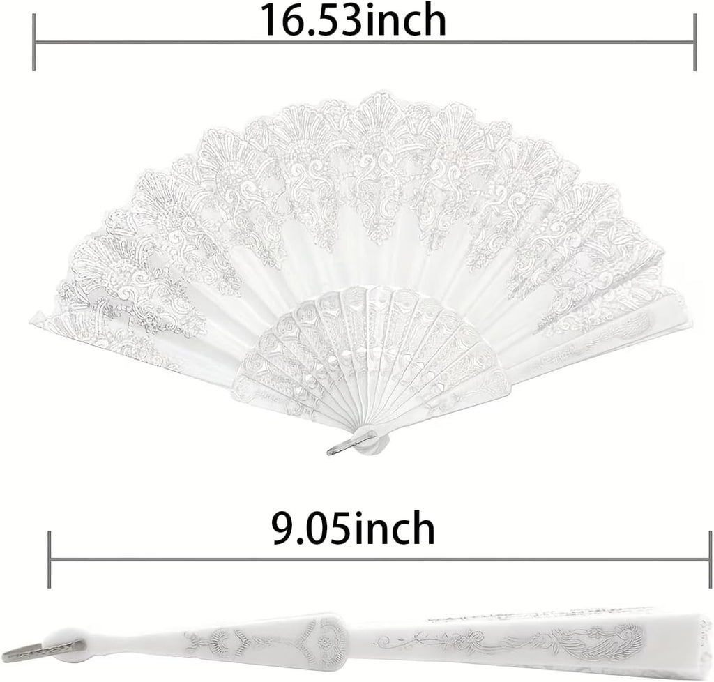 2PCS 9.05in White Lace Folding Hand Fan, Vintage Floral Handheld Fan for Wedding Bridal, Photo Prop, Party Dance, Decorative Cooling Fan,White